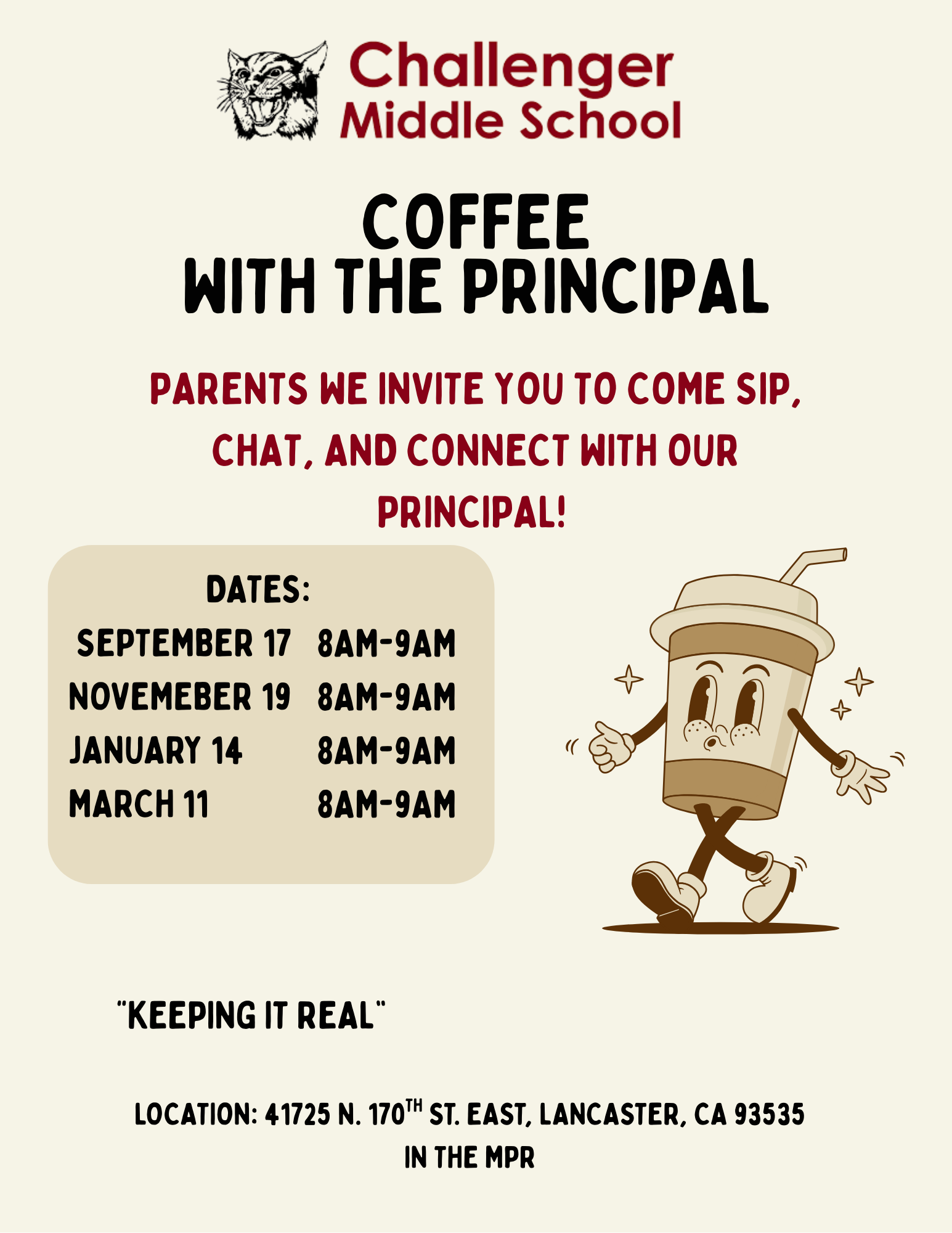 Challenger Middle School flyer for 'Coffee with the Principal,' inviting parents to sip, chat, and connect with the principal. Dates listed: September 17, November 19, January 14, and March 11, all from 8–9 AM. Location: 41725 N. 170th St. East, Lancaster, CA 93535, in the MPR.